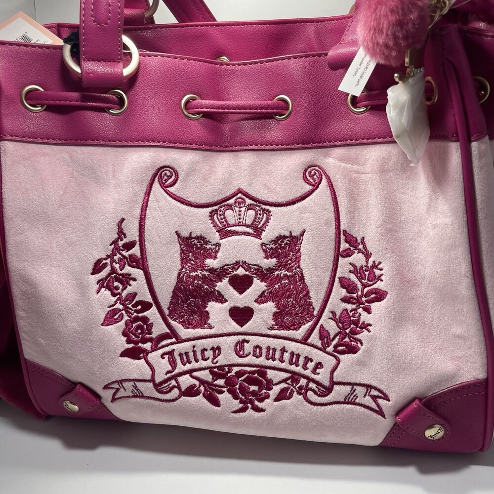 New Juicy Couture Scottish Dogs Tote Velvet Crest Drawstring Tote Handbag Charm - Picture 2 of 9
